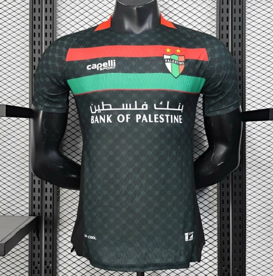 إصدار اللاعب 25/26 سي دي بالستينو بالستينو قميص أسود بخطوط حمراء-خضراء وراعي بنك فلسطين