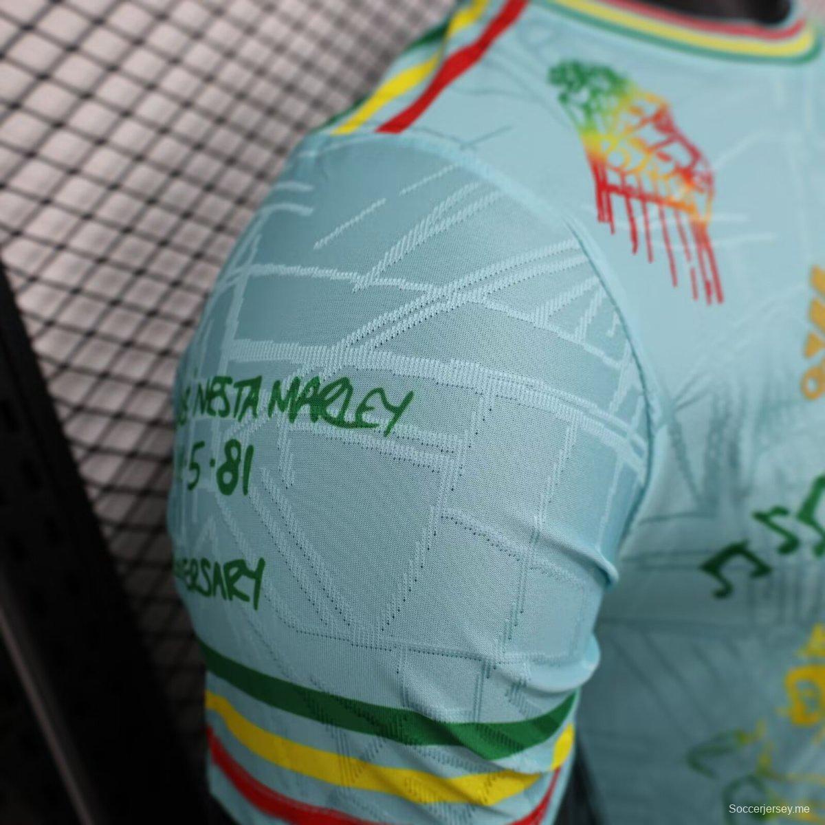 إصدار اللاعب 25/26 قميص أياكس 25/26 أزرق سماوي أزرق داكن مع قميص بوب مارلي التذكاري