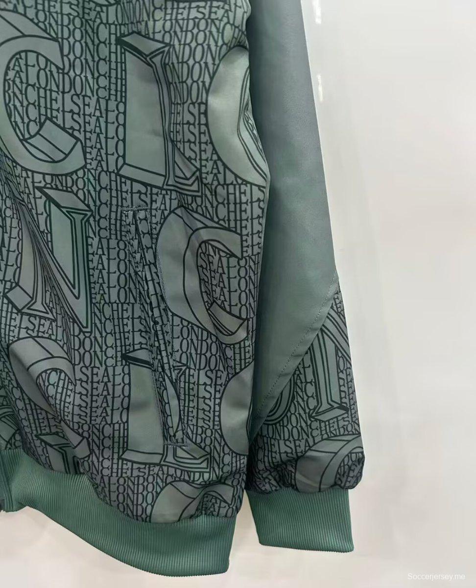 25/26 تشيلسي إف سي أخضر مع نمط نصي لندن على كامل السطح وسترة واقية من الرياح بسحاب كامل